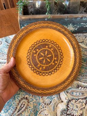 Hand Burned Wood Plate Vintage Pyrography Floral Wall Decor Folk Art Rustic Boho